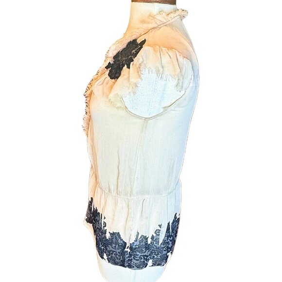 Guess MSRP $72 Blouse Sleeveless Lace Distressed Black Top Beige Button Down SM - Picture 3 of 8